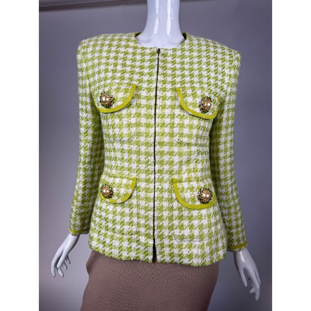 Terijon Silhouettes Houndstooth Plaid Jacket size 4 Green, White Acrylic Blend